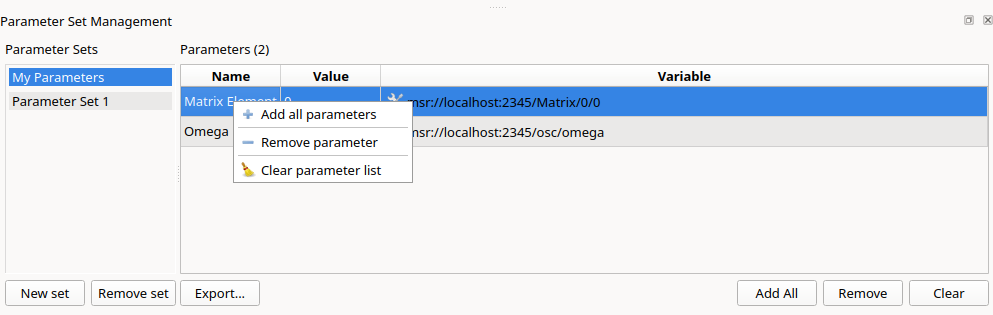 Context menu of a parameter set