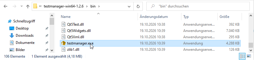 Extracted ZIP archive with testmanager.exe